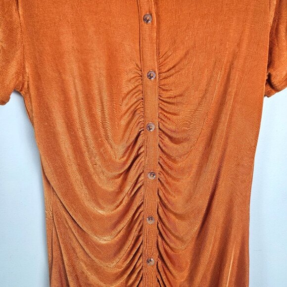 Wild Fable Womens M Dress Rust Orange Short Sleeve Button Down Ruched Bodycon - Picture 6 of 9